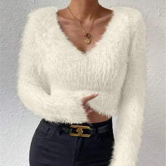 LIZAKOSHT  -  Autumn and Winter New Solid Color V-neck Slim Fit Versatile Plush Short Women's Sweater