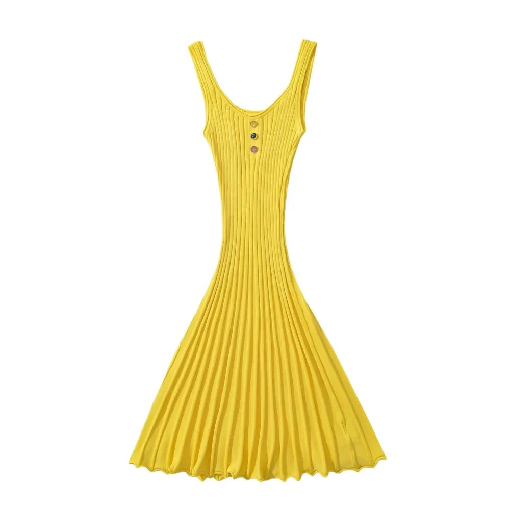 LIZAKOSHT  -  4 COLORS Sexy U collar Sleeveless Rib Knitting Dress Women Skinny Slim Fit Hem Pleated A-lined Short Tank Robe Pink Yellow Black