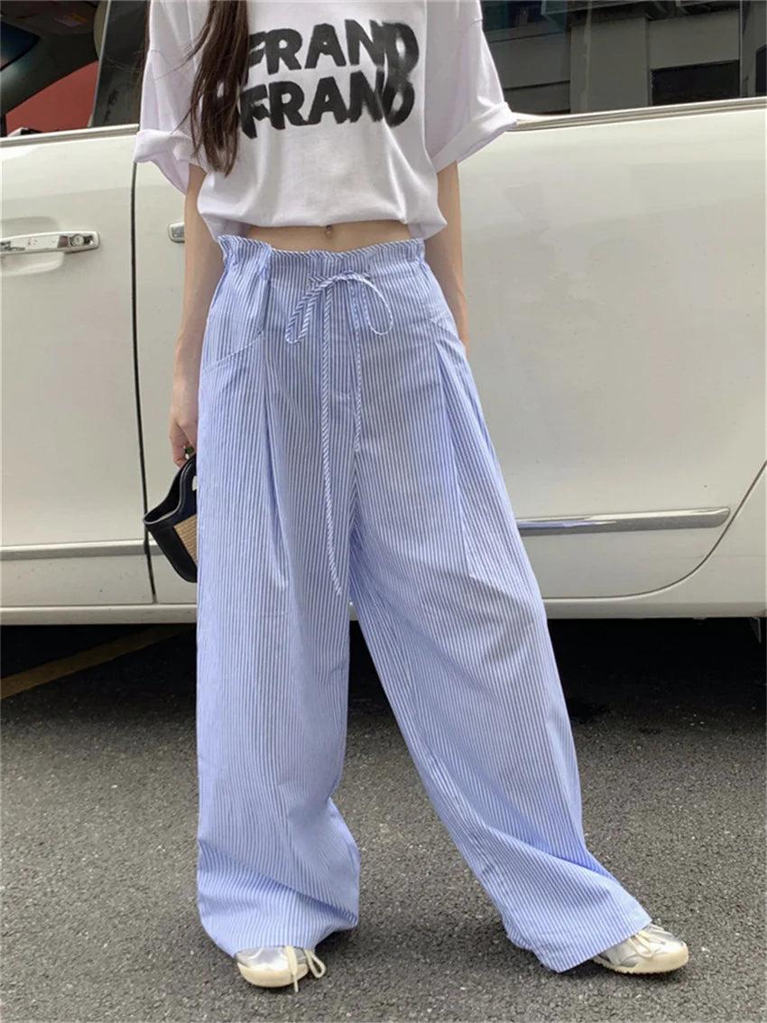 LIZAKOSHT  -  Blue Stripes Women Pants Fashion New Loose All Match Daily Thin Wide Leg Autumn Casual 2023 Office Lady Streetwear