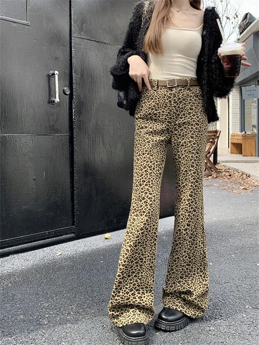 LIZAKOSHT  -  Hot Girls Women Flare Trousers Chic Spring Animal Printed 2023 New Vintage Office Lady Slim Leopard High Street