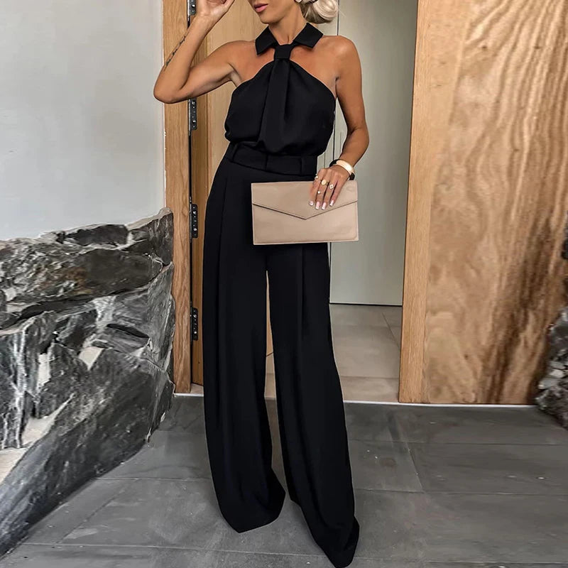 LIZAKOSHT  -  Lady Sexy Hollow Off Shoulder Club Party Jumpsuit Casual High Waist Long Pants Playsuits Elegant Solid Pleated Commuter Romper