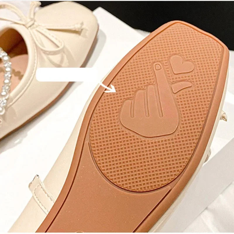 LIZAKOSHT  -  Woman Fashion Square Toe Brown Kawaii Ballerina Flats Female Rhinestone Pearl Strap Bowknot Mary Jane Cute Shoes Big Size 33-43