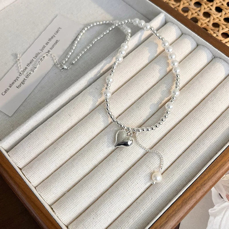 Lizakosht Korean Fashion Pearl Stitching Love Pendant Necklace For Women Girl Sweet Cool Spicy Girl Collarbone Wedding Party