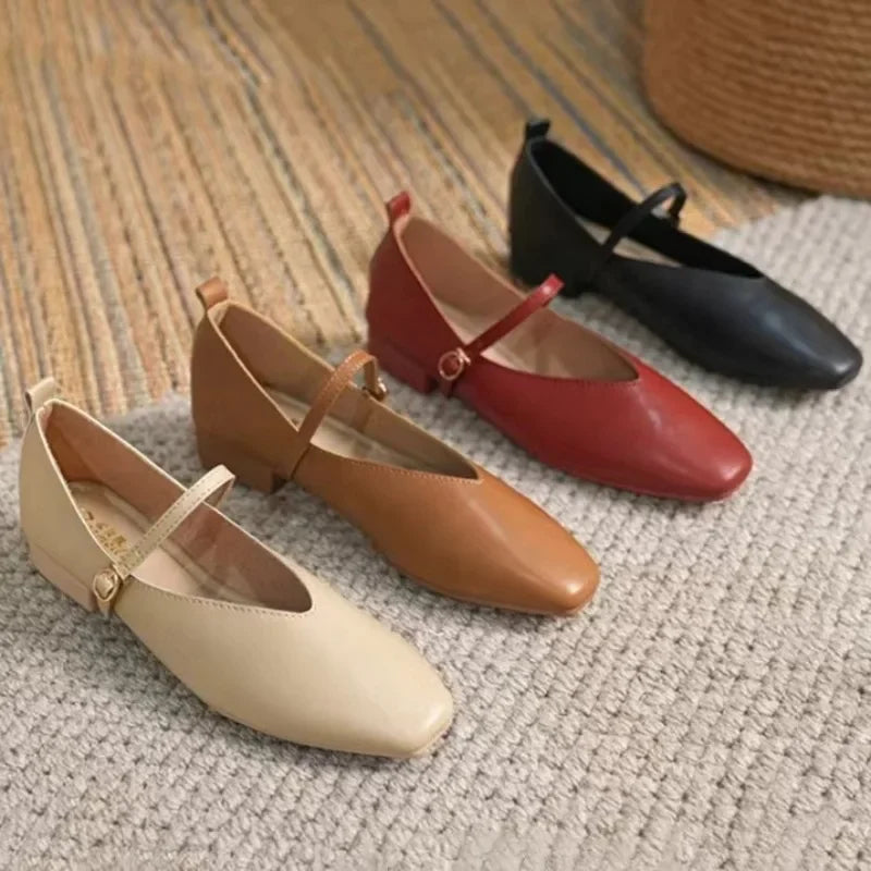 LIZAKOSHT  -  Woman Summer Casual Square Toe Low Soft Soled Shoes Lolita Ballerina Solid Color Flats Female Elegant French Retro Mary Janes