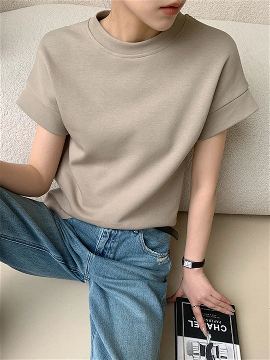 LIZAKOSHT  -  T-shirts Women Summer 2023 New Fashion Elegant Korean Chic O-neck Short Sleeve Ladies White Loose Tops Female Casual Tees