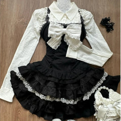 LIZAKOSHT  -  Y2k Aesthetic Lolita Style 3 Piece Set Women Kawaii White Shirt Bow Lace Vest Ruffle Mini Skirts Japan Fashion Gothic Skirt Suit