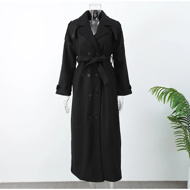 LIZAKOSHT  -  2025 Black Elegant Double Breasted Lapel Belt Woman Woolen Coat Chic Solid Color Full Sleeves Casual Long Jacket New Street Wear