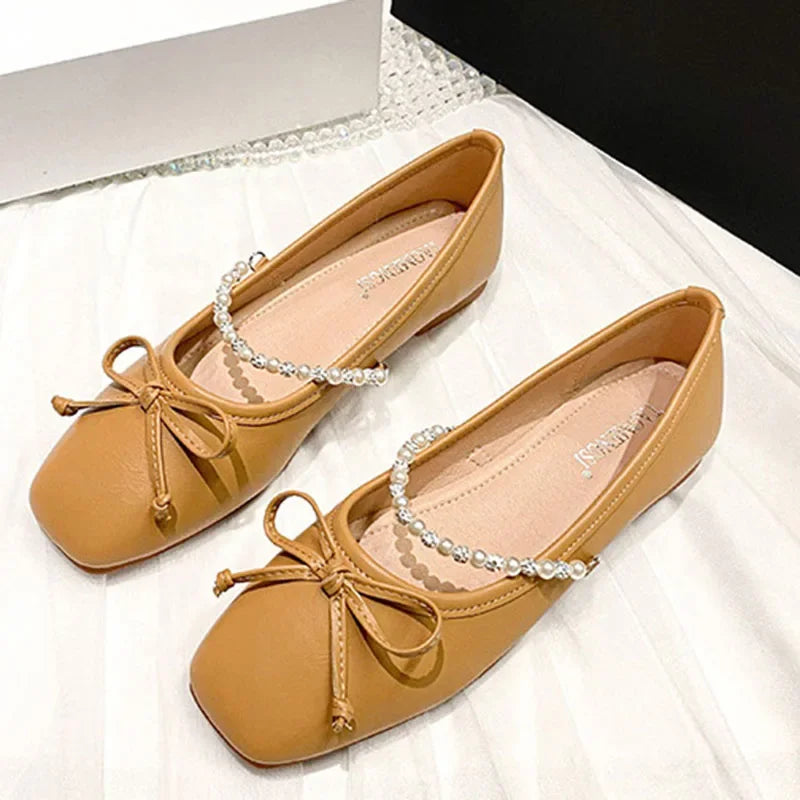 LIZAKOSHT  -  Woman Fashion Square Toe Brown Kawaii Ballerina Flats Female Rhinestone Pearl Strap Bowknot Mary Jane Cute Shoes Big Size 33-43