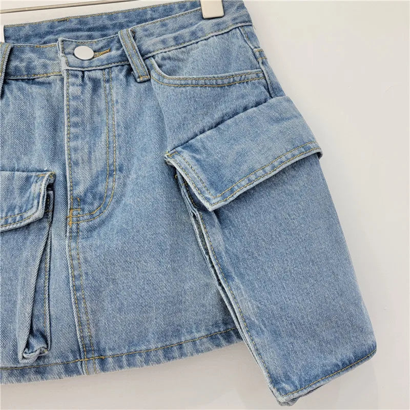 LIZAKOSHT  -  Casual Washed Cotton Denim Mini Skirts for Women High Street Big Pocket Slim Fit Short Skirt Summer Beach Casual Faldas