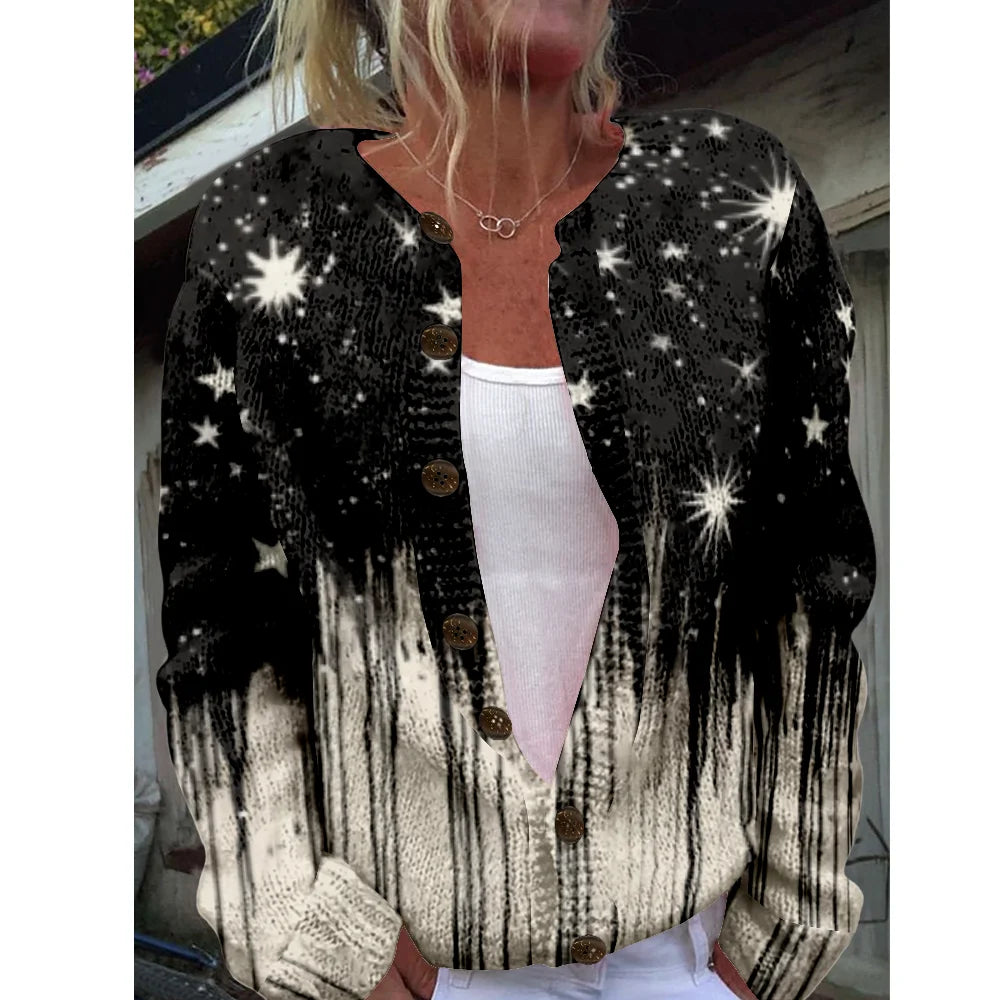 LIZAKOSHT  -  Women Cardigan Knitted Sweater Oil painting Long Sleeve Jumper Cardigans Casual Streetwear Fashion Coat