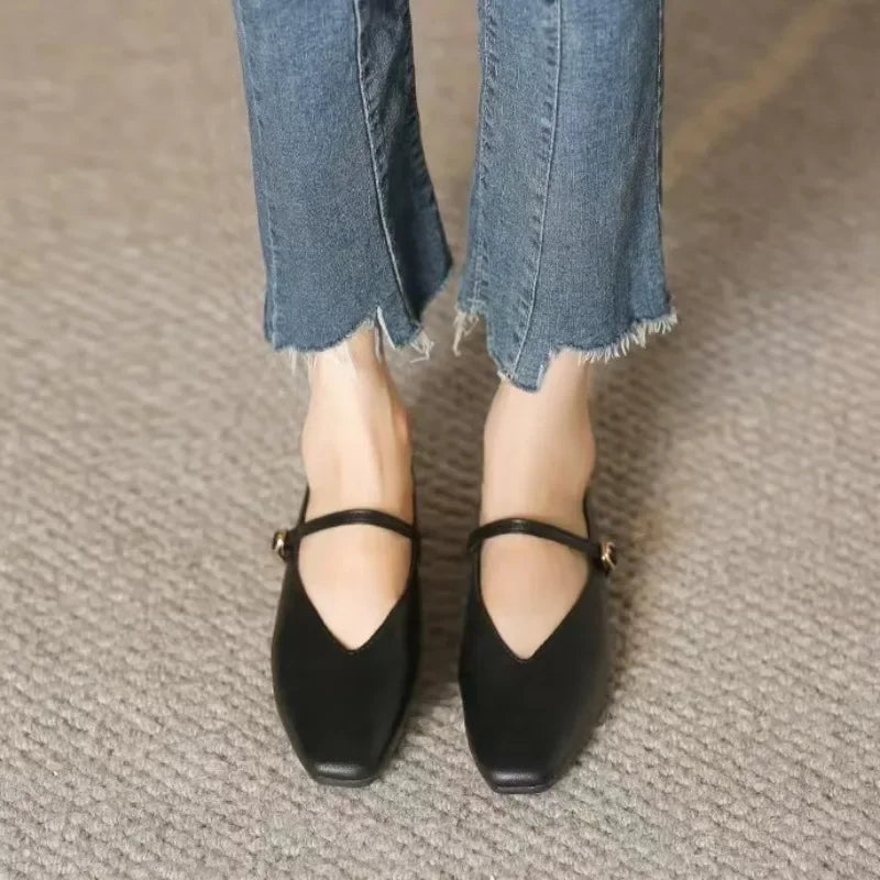 LIZAKOSHT  -  Woman Summer Casual Square Toe Low Soft Soled Shoes Lolita Ballerina Solid Color Flats Female Elegant French Retro Mary Janes