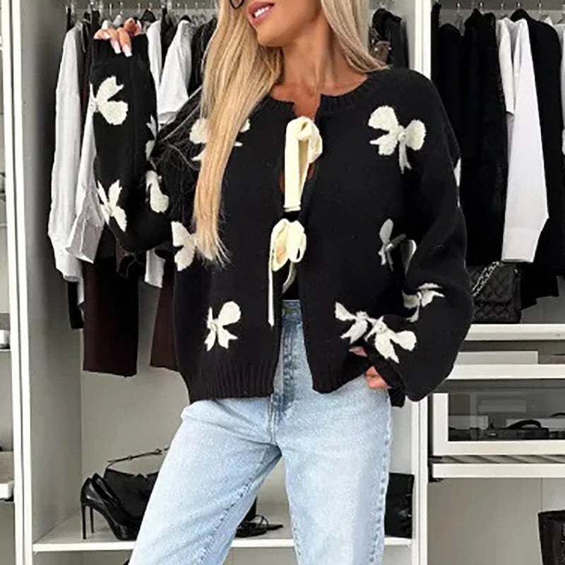 LIZAKOSHT  -  Lady Elegant Long Sleeve Commuter Sweater New Winter Fashion Butterfly Knot Printed Sweater Casual O Neck Lace Up Loose Cardigan