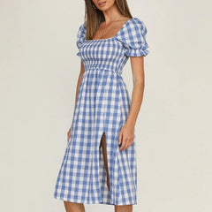 LIZAKOSHT  -  Womens Spring Cotton Plaid Check Puff Sleeve Midi Dress Ladies Summer Holiday Beach Split Sundress For Free Shipping