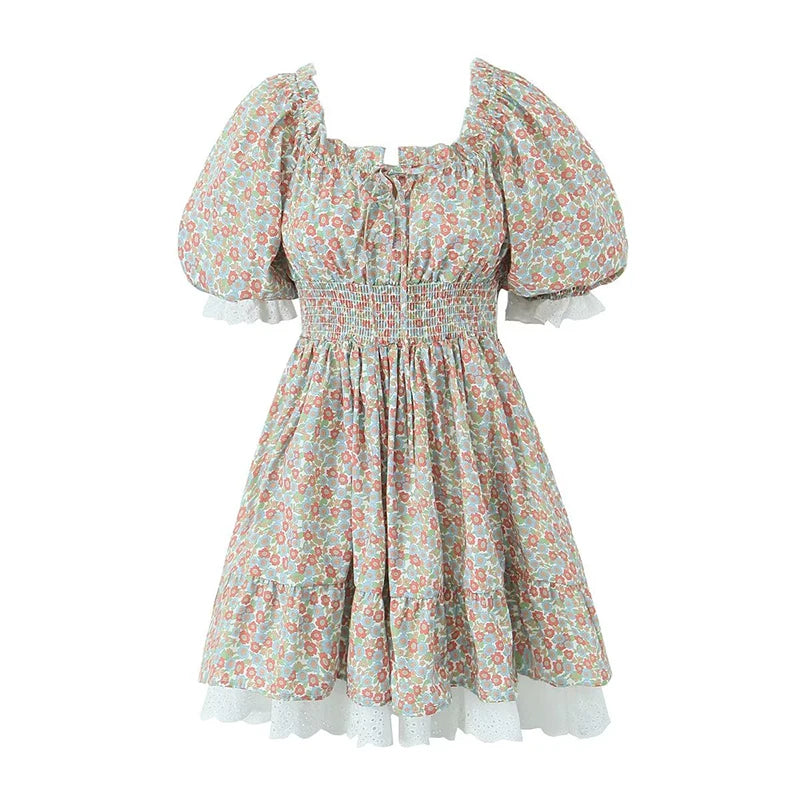 LIZAKOSHT  -  Lace Trim Floral Print Mini Dress Women Vintage Puff Sleeve Elastic Waist Summer Dress Party Holiday Robe Beautiful