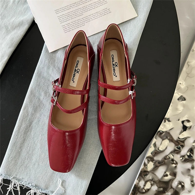 LIZAKOSHT Spring New Women Red Flat Shoes Fashion Square Toe Shallow Ladies Mary Jane Ballerinas Flat Heel Casual Ballet Shoes