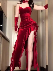 LIZAKOSHT  -  Sexy Bodycon Irregular Ruffles Velvet Red Dresses for Women Spaghetti Strap Evening Party Dress Autumn High Split Vestidos New