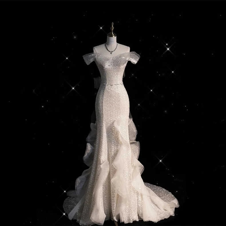 LIZAKOSHT -  White Light Luxury Celebrity Dress Boat Neck Sleeveless Beading Ruffle Pleated Mermaid Floor Length Evening Prom Party Gowns