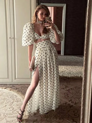 Lizakosht Vintage Polka Dots Printed 2 Pcs Set Women 2024 Summer Matching Set Maxi Skirt Beach Dress Set New Outfits Holiday Robe