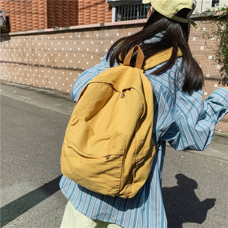 LIZAKOSHT  -  Solid Color Canvas Women Backpack Fashion Unisex Student School Bags For Teenage Bagpack Large Capacity Travel Backpack