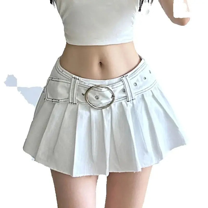 LIZAKOSHT  -  American Miniskirt Hot Girl Belt Denim Pleated Skirt Low Waist Overskirt Slim Legs Long Hot Girl