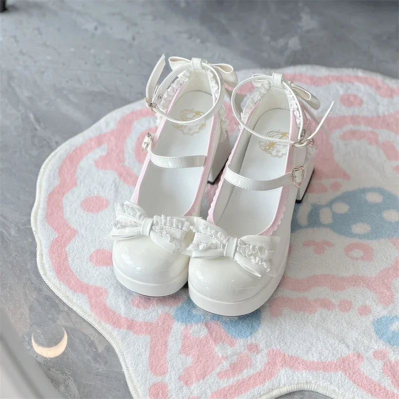 LIZAKOSHT  -  Lolita Lace Heart Knot Round Toe Shallow Mouth High Heels Cos Loli Elegant Student Shoes Japanese Girl Sweet Single Shoes