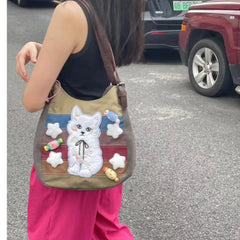 LIZAKOSHT  -  Harajuku Cat Shoulder Bags Women Vintage Embroidery Patchwork Casual Tote Bag Handbag Female Sweet Y2k Bags Aesthetic