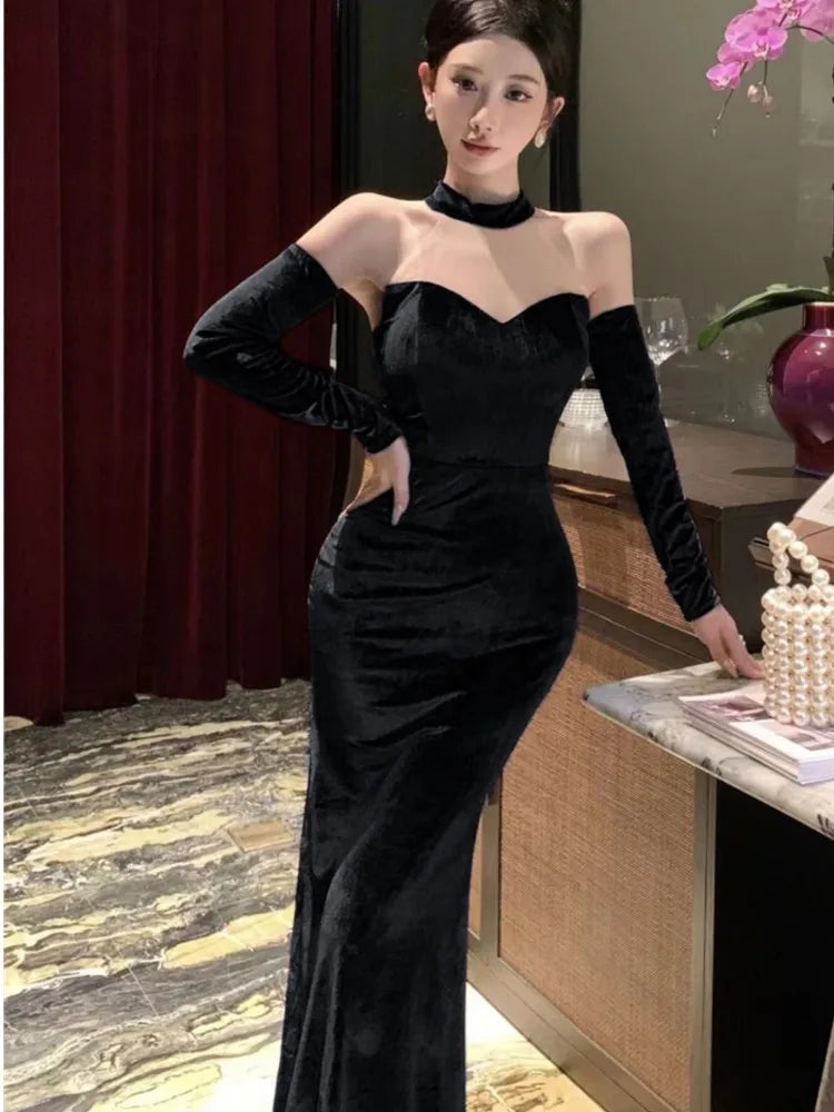 LIZAKOSHT  -  Sexy Bodycon Velvet Maxi Dresses for Women Evening Party Dress Halter Slim Mermaid Prom Robe French Vintage Autumn Vestidos New