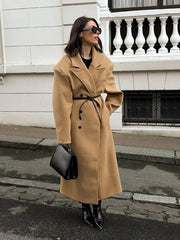 LIZAKOSHT  -  Retro Woman Solid Flip Collar Double Breasted Loose Overcoat Fashion Full Sleeves Casual Long Coat Female New Commuter Jacket