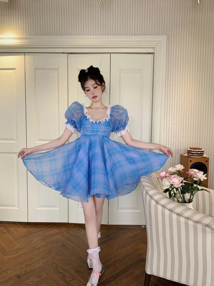 LIZAKOSHT  -  Retro French Lace Spliced Blue Plaid Puff Sleeve Mini Dress Vintage Women Ruffles Short Party Dresses Holiday Robe Vestidos