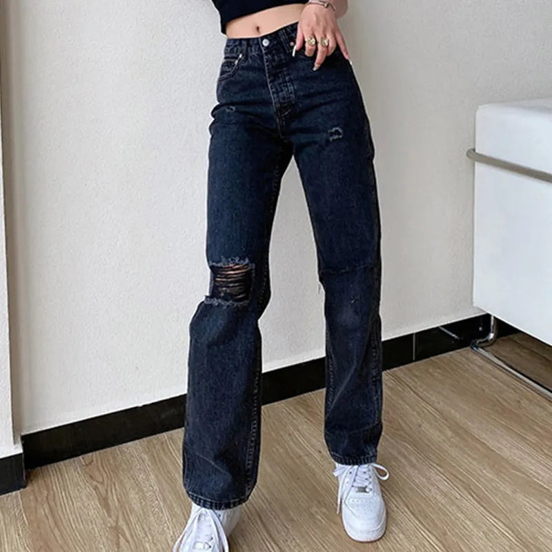 Lizakosht Black Jeans Women's Summer Loose Ripped Mid-waist Denim Wide-leg Pants Fashion Casual Retro Street Ladies Trousers