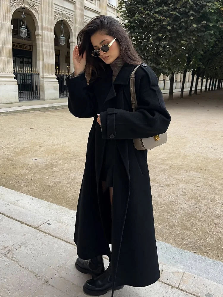 LIZAKOSHT  -  2025 Black Elegant Double Breasted Lapel Belt Woman Woolen Coat Chic Solid Color Full Sleeves Casual Long Jacket New Street Wear