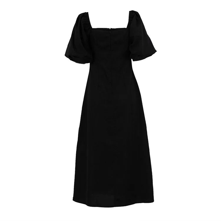 LIZAKOSHT  -  Maxi Summer Puff Sleeve Holiday Dress Black Square Neck Party Dresses Casual A Line Women Dress