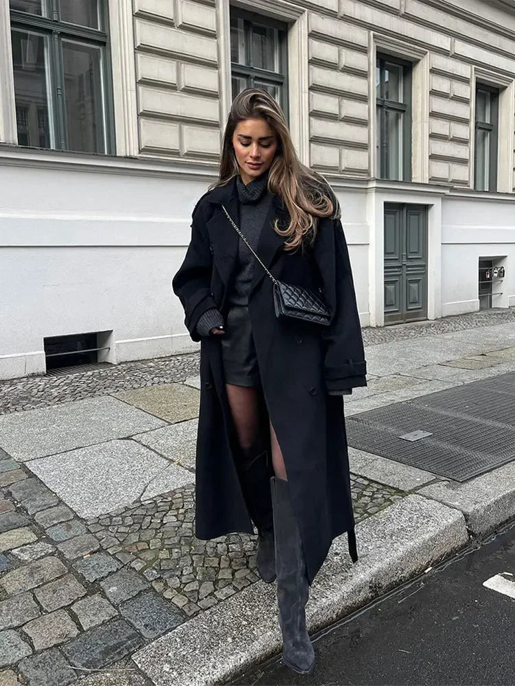 LIZAKOSHT  -  2025 Black Elegant Double Breasted Lapel Belt Woman Woolen Coat Chic Solid Color Full Sleeves Casual Long Jacket New Street Wear