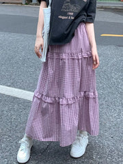 Lizakosht Midi Long Skirts Womens Plaid Skirt Korean Style Casual Summer High Waisted High Low Ruched Ruffle Skirts rok