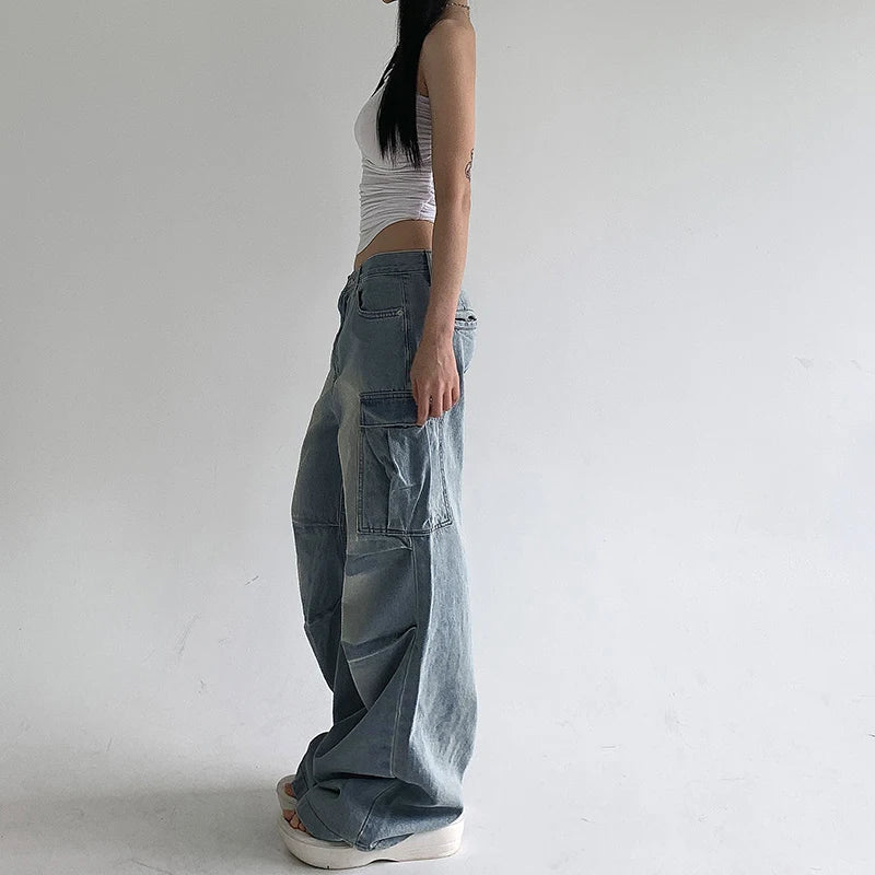 LIZAKOSHT  -  American Style Pleated Washed Parachute Jeans Women's High Waisted Loose Wide Leg Large Pocket Workwear Pants