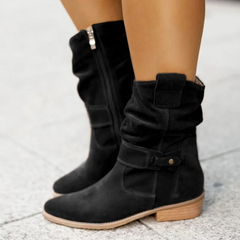 LIZAKOSHT  -  New Women Short Boots,Flock Booties,Low Heels Ankle Botas, Round toe,Side Zip,Black,Apricot,Brown