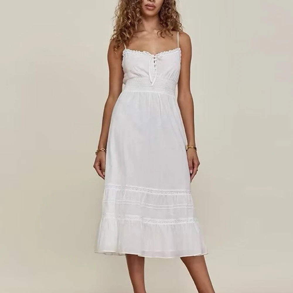 LIZAKOSHT  -  White Cotton Lace Dresses Summer Vintage Sleeveless Lace-Up Bohemian Casual Long Strap Dress For Women Boho Beach Vestidos Robe