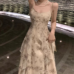 LIZAKOSHT  -  Elegant Holiday Dresses for Women Long Floral Chiffon Midi Dress Sleeveless Vintage Dress Fairy Slim Party Casual