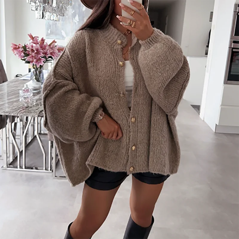 LIZAKOSHT  -  Ladies O Neck Single Breasted Loose Sweater Elegant Batwing Sleeves Solid Color Knitted Coat New Casual Streetwear Warm Cardigan