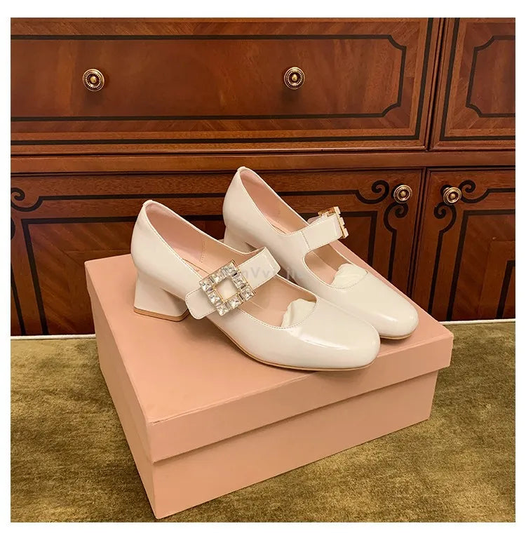 Lizakosht square buckle thick heel Mary Jane shoes ballet shoes with a French style minimalist women's shallow mouth single shoe