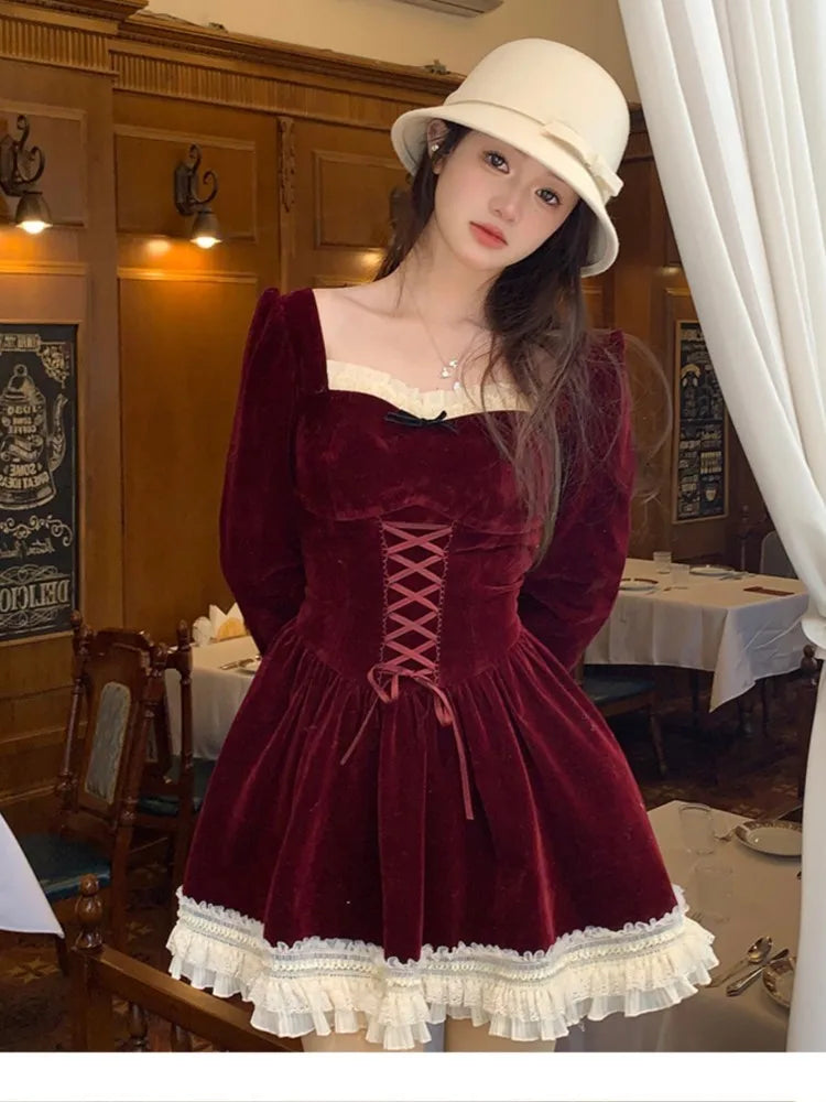 LIZAKOSHT  -  French Princess Velvet Dresses for Women Long Sleeves Patchwork Lace-up Ruffles A-line Birthday Party Dress Autumn New Vestidos