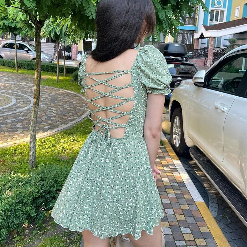 LIZAKOSHT  -  Summer Sweet Floral Printing French Party Dress Female Sexy Square Collar Backless Lace-up Dresses Fashion Puff Sleeves Skirts