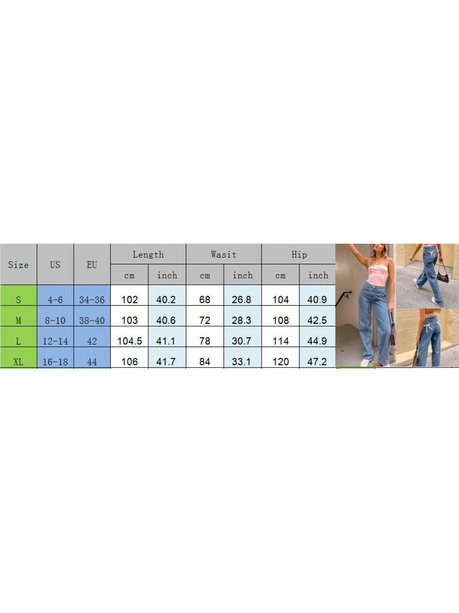 LIZAKOSHT  -   Vintage Women Mid Rise Baggy Jeans Fashion Casual 3D Bow Straight Leg Denim Pants with Pockets Y2K Retro Streetwear