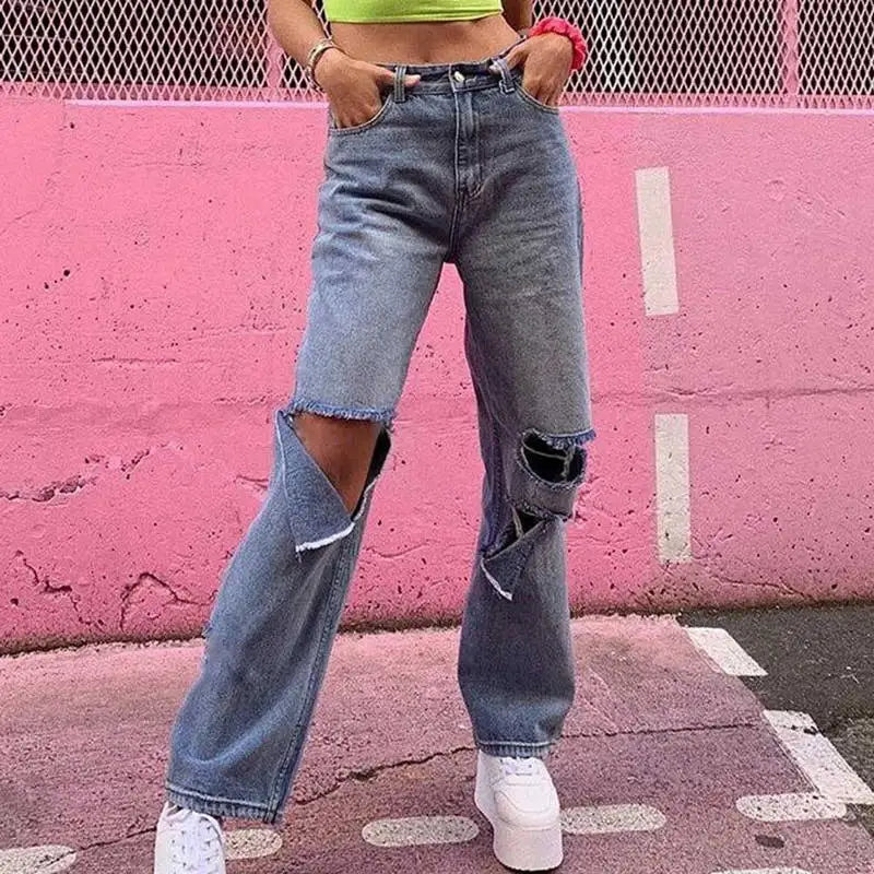 LIZAKOSHT -  Women Fashion Harajuku Harem Korean Wide Leg Trousers Casual Ripped Hole Jeans Straight Denim Pants High Waist Streetwear