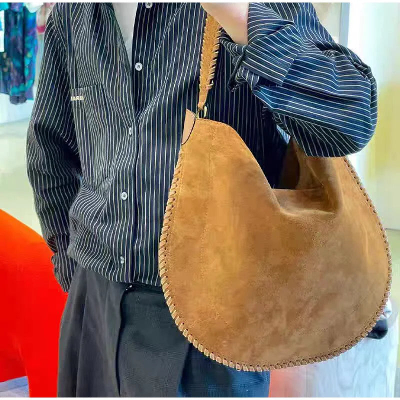 LIZAKOSHT  -  Women's Brown Suede Shoulder Bag Large Capacity Ladies Shopping Armpit bag Autumn Simple Tote Bag Luxury Leather Biker Bag