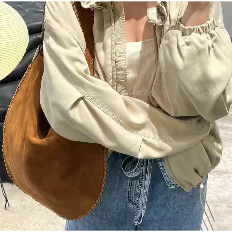 LIZAKOSHT  -  Women's Brown Suede Shoulder Bag Large Capacity Ladies Shopping Armpit bag Autumn Simple Tote Bag Luxury Leather Biker Bag