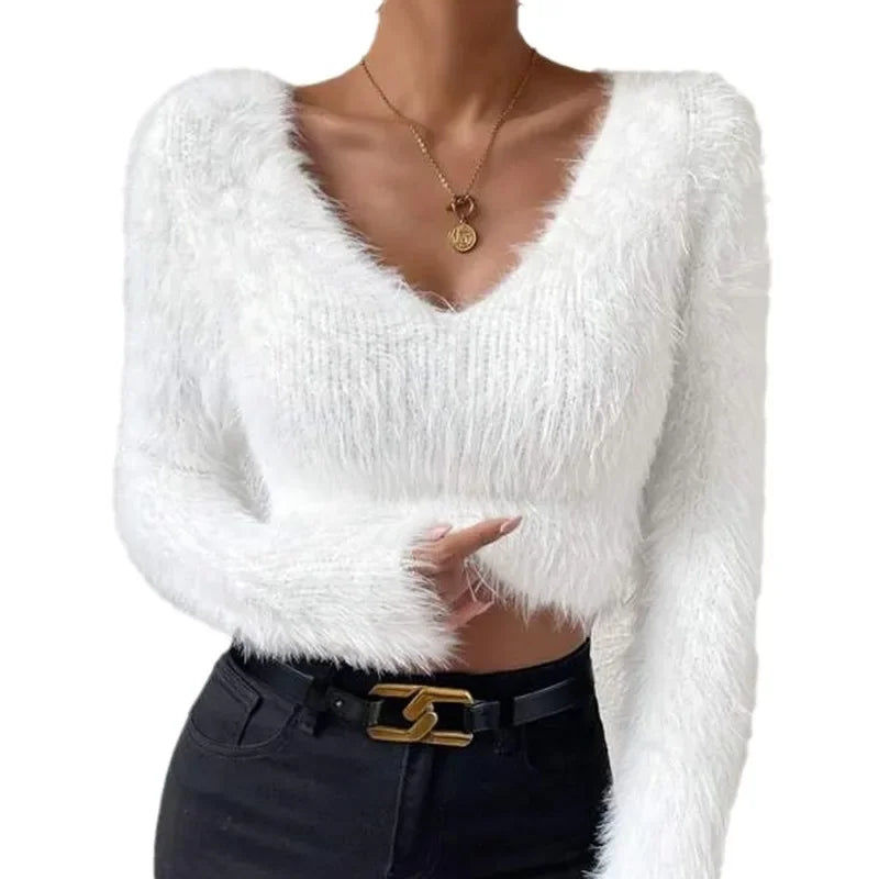 LIZAKOSHT  -  Autumn and Winter New Solid Color V-neck Slim Fit Versatile Plush Short Women's Sweater