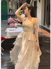 LIZAKOSHT  -  One Piece Dress Korea Fairy Floral Midi Dress Women Puff Sleeve Elegant Vintage Dress Female Party Dress Office Lady 2023 Summer