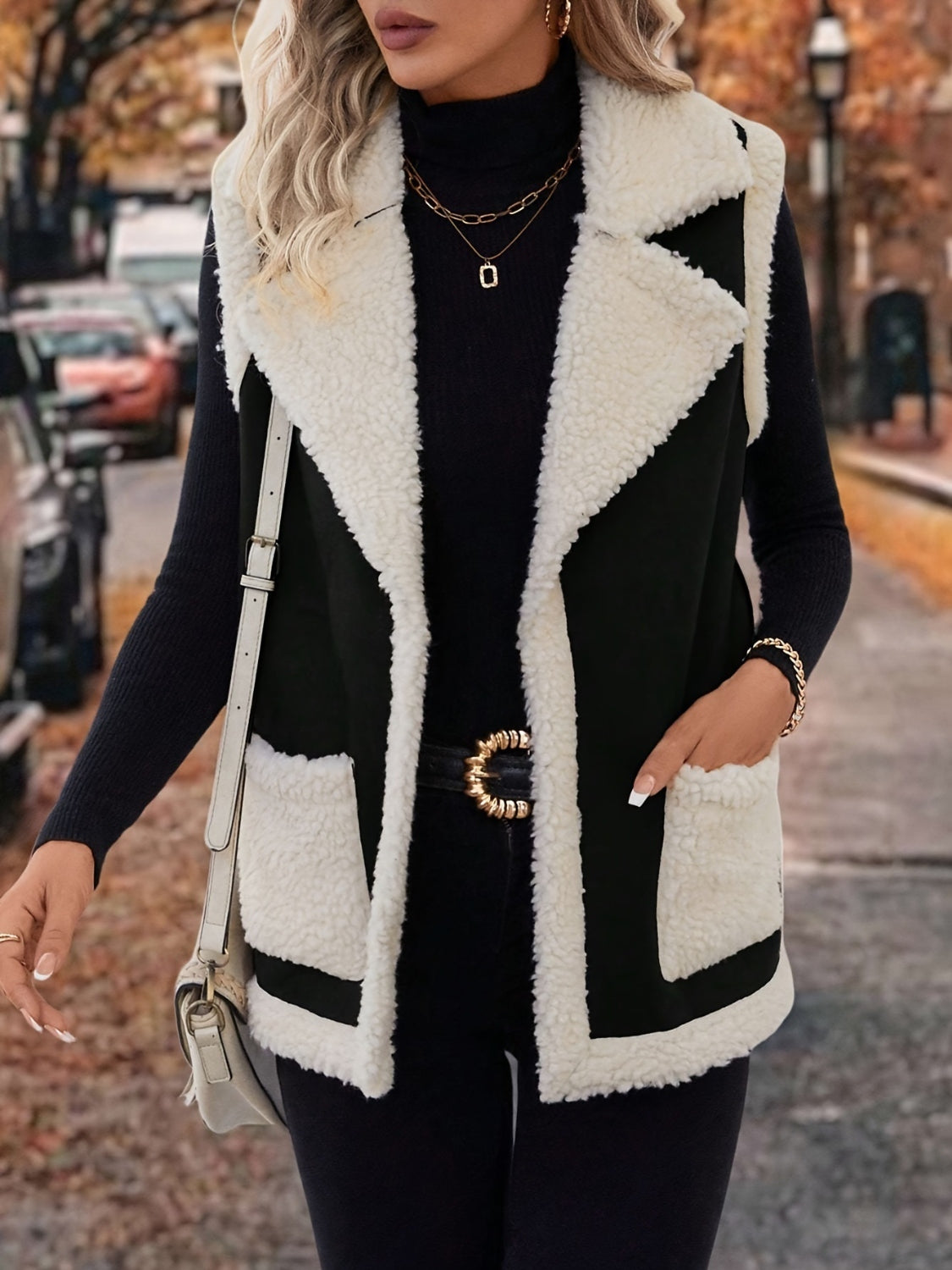 LIZAKOSHT  -  Full Size Contrast Open Front Sherpa Vest Coat