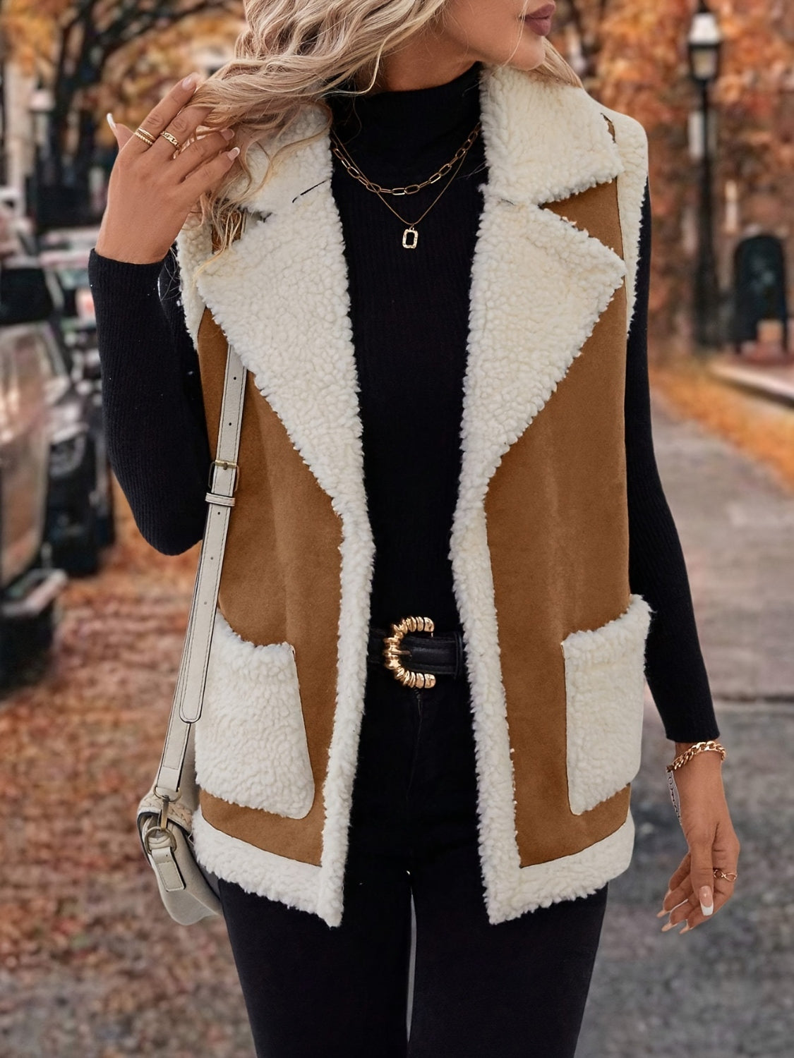 LIZAKOSHT  -  Full Size Contrast Open Front Sherpa Vest Coat